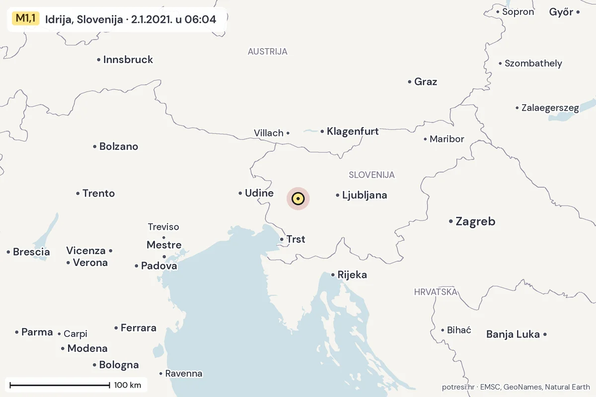 Karta: šire područje, 600 km, potres M1,1, Idrija, Slovenija, 2.1.2021.