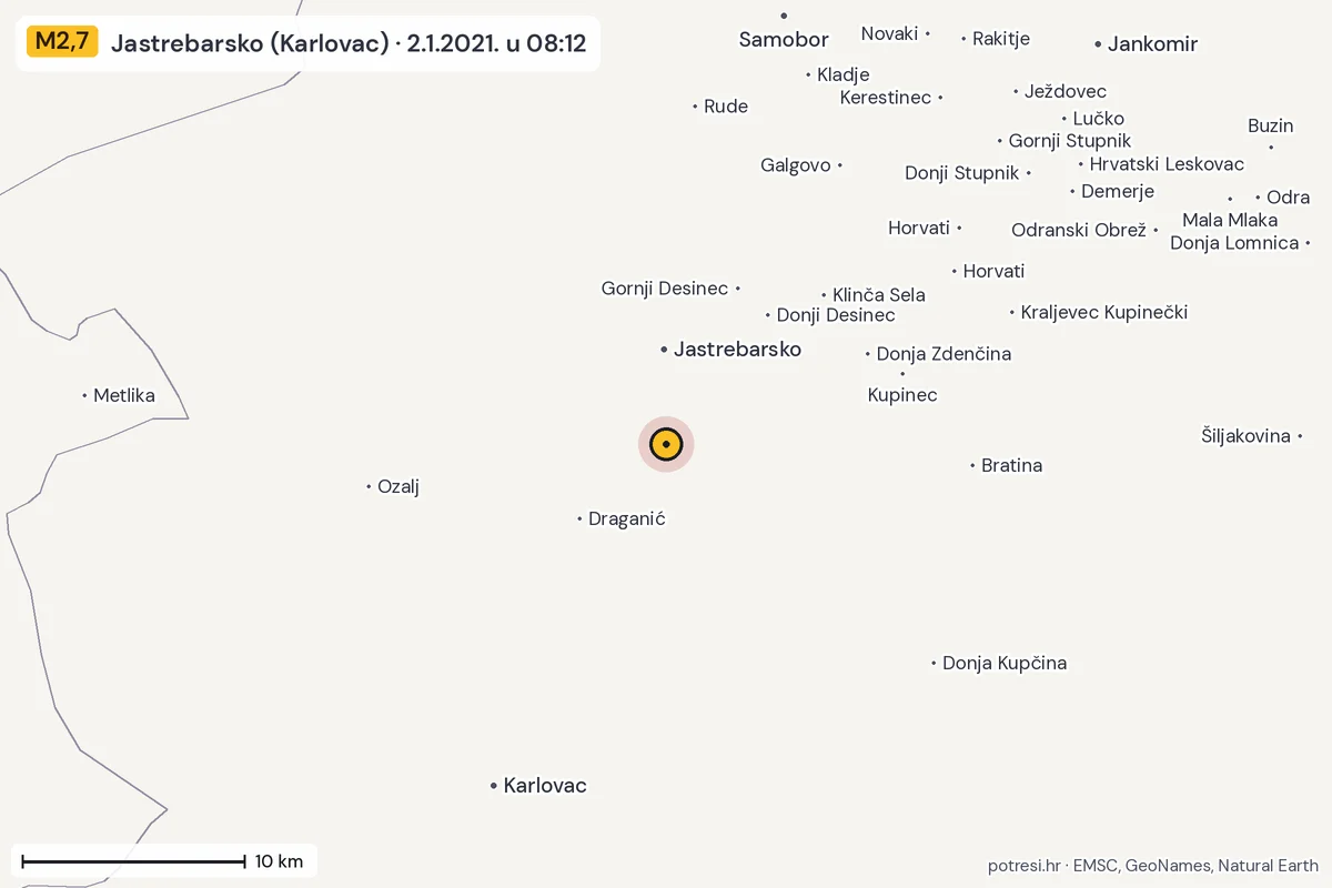 Karta: okolica epicentra, 60 km, potres M2,7, Jastrebarsko (Karlovac), 2.1.2021.
