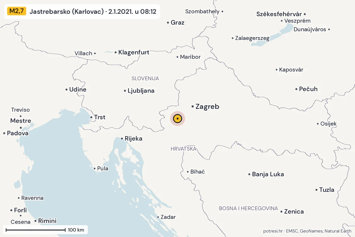 Karta: šire područje, 600 km, potres M2,7, Jastrebarsko (Karlovac), 2.1.2021.