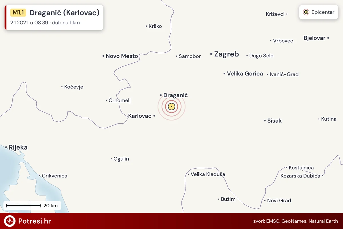 Karta: šire područje i vjerojatni doseg osjeta, potres M1,1, Draganić (Karlovac), 2.1.2021.