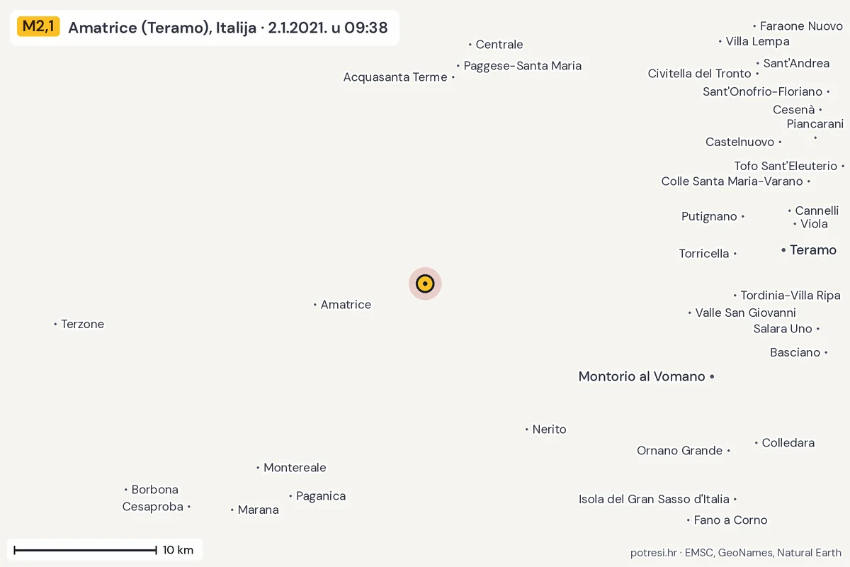Karta: okolica epicentra, 60 km, potres M2,1, Amatrice (Teramo), Italija, 2.1.2021.