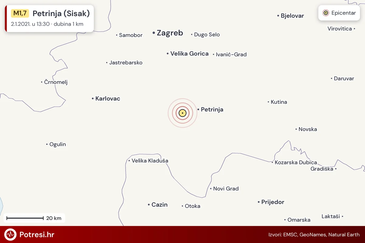 Karta: šire područje i vjerojatni doseg osjeta, potres M1,7, Petrinja (Sisak), 2.1.2021.