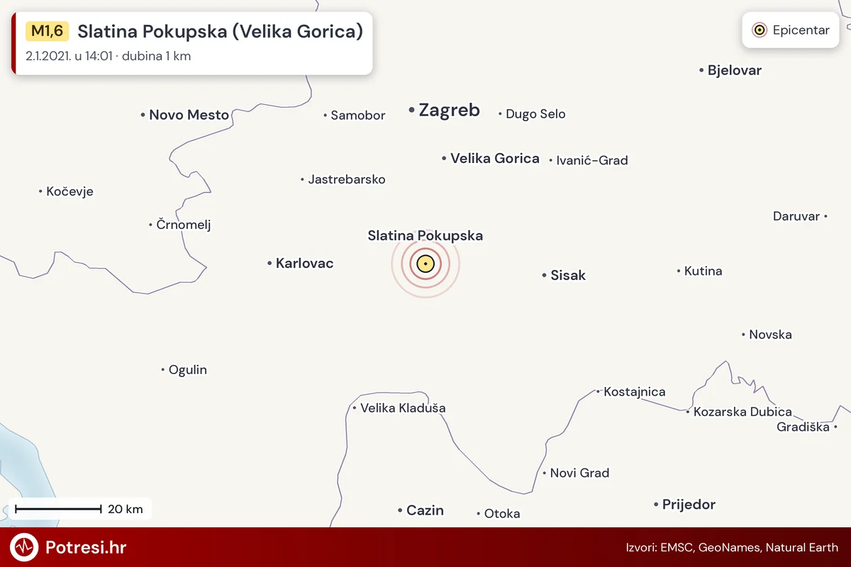 Karta: šire područje i vjerojatni doseg osjeta, potres M1,6, Slatina Pokupska (Velika Gorica), 2.1.2021.