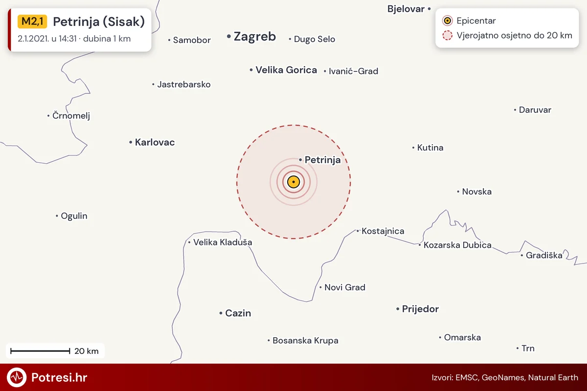 Karta: šire područje i vjerojatni doseg osjeta, potres M2,1, Petrinja (Sisak), 2.1.2021.