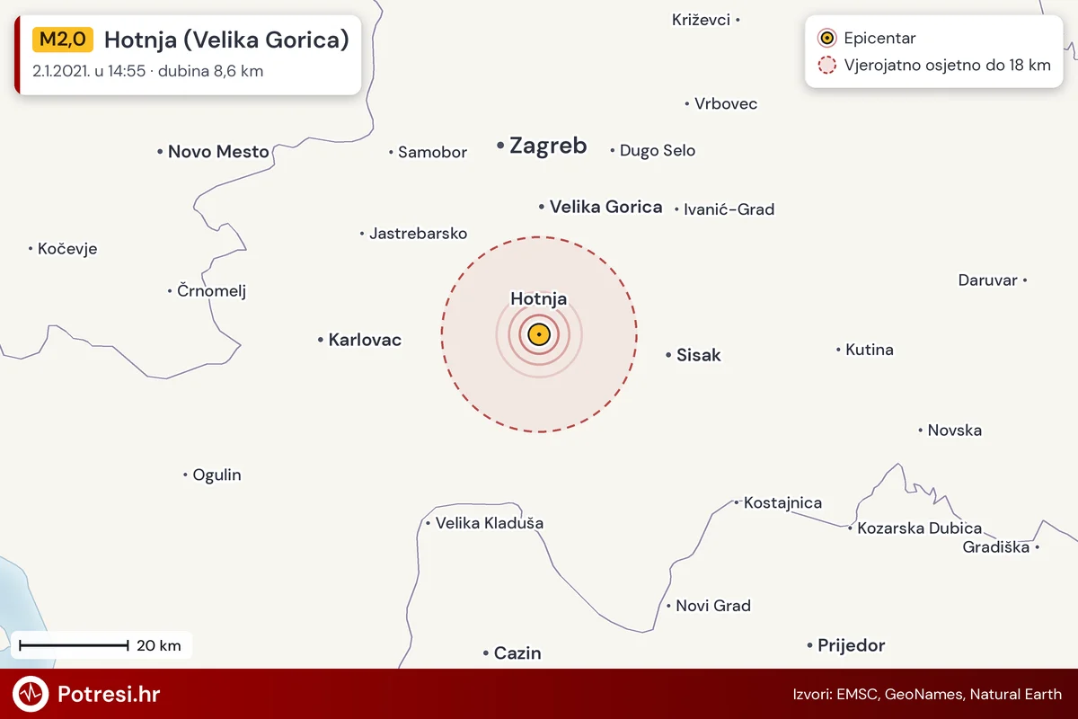 Karta: šire područje i vjerojatni doseg osjeta, potres M2,0, Hotnja (Velika Gorica), 2.1.2021.