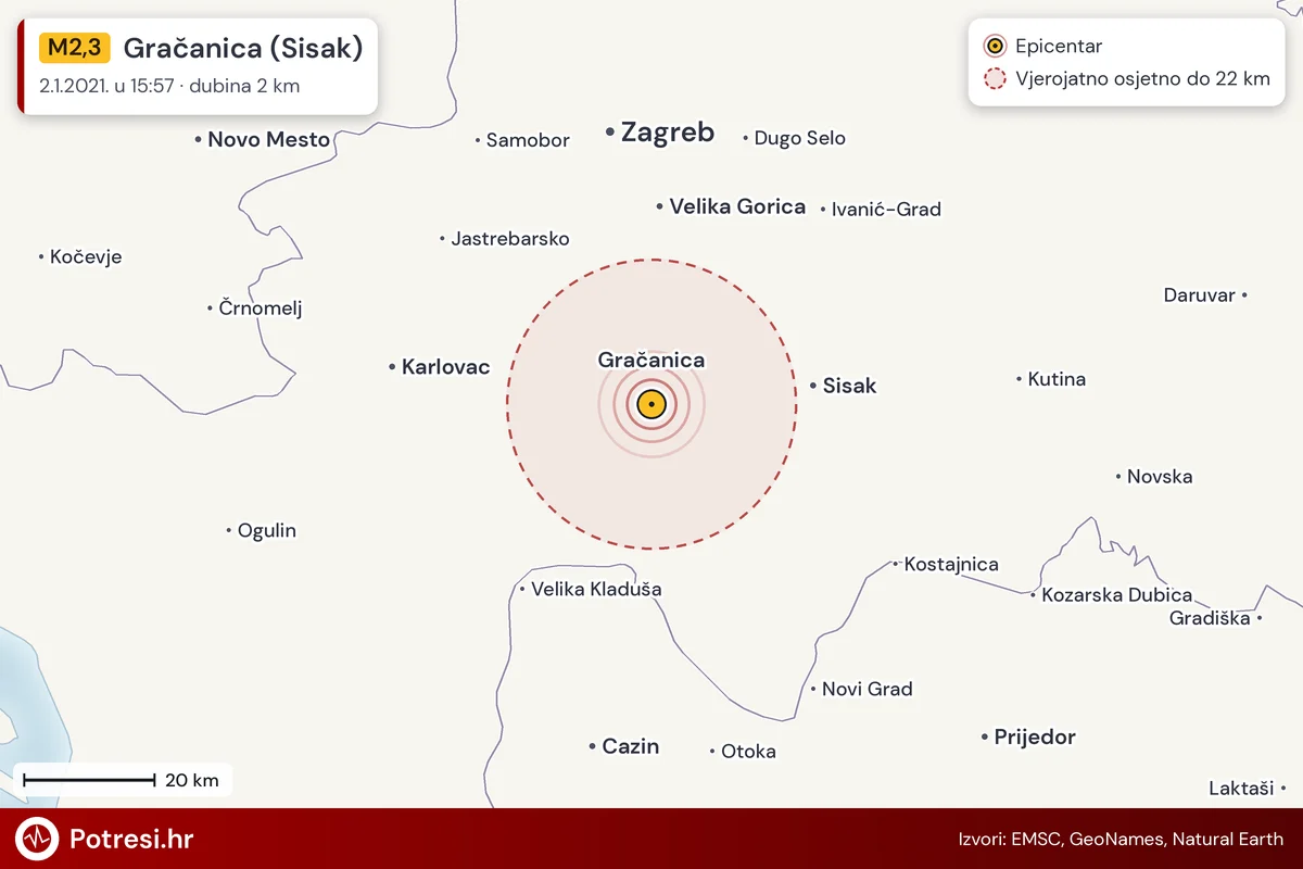Karta: šire područje i vjerojatni doseg osjeta, potres M2,3, Gračanica (Sisak), 2.1.2021.