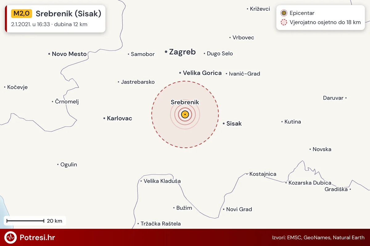 Karta: šire područje i vjerojatni doseg osjeta, potres M2,0, Srebrenik (Sisak), 2.1.2021.