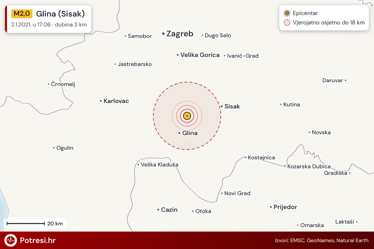 Karta: šire područje i vjerojatni doseg osjeta, potres M2,0, Glina (Sisak), 2.1.2021.