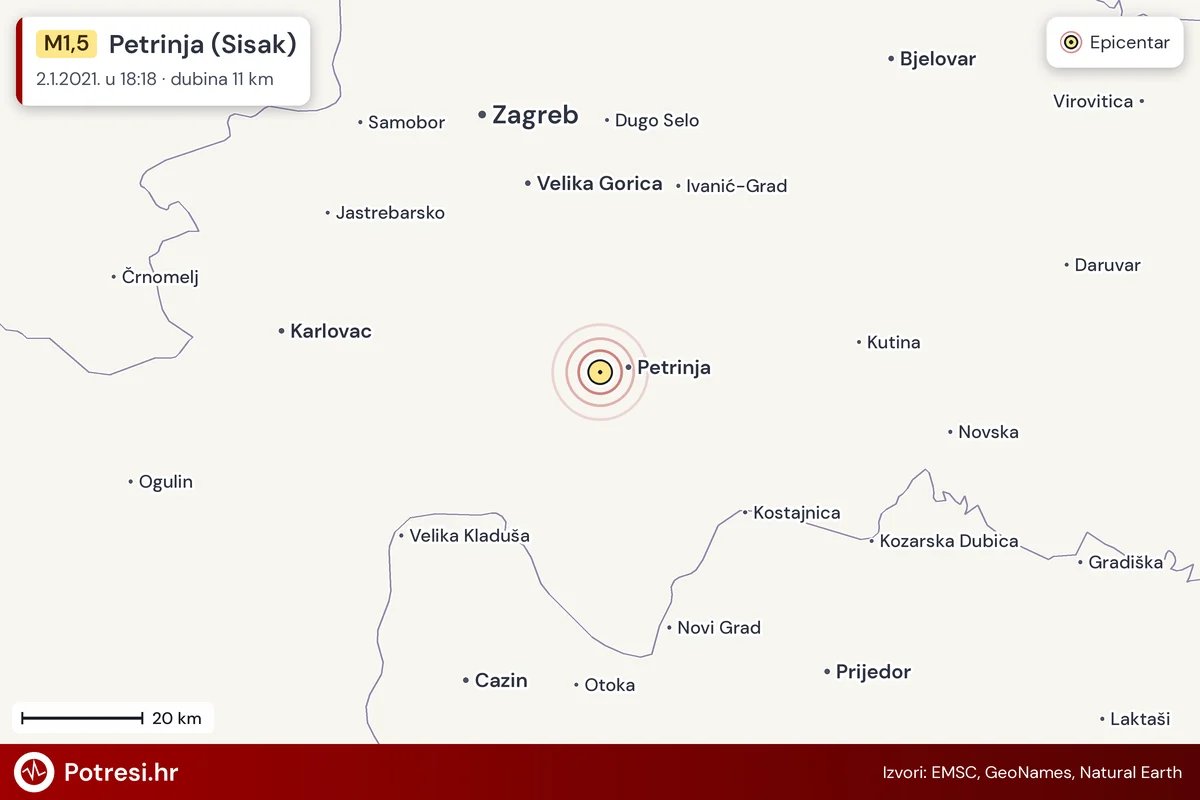 Karta: šire područje i vjerojatni doseg osjeta, potres M1,5, Petrinja (Sisak), 2.1.2021.