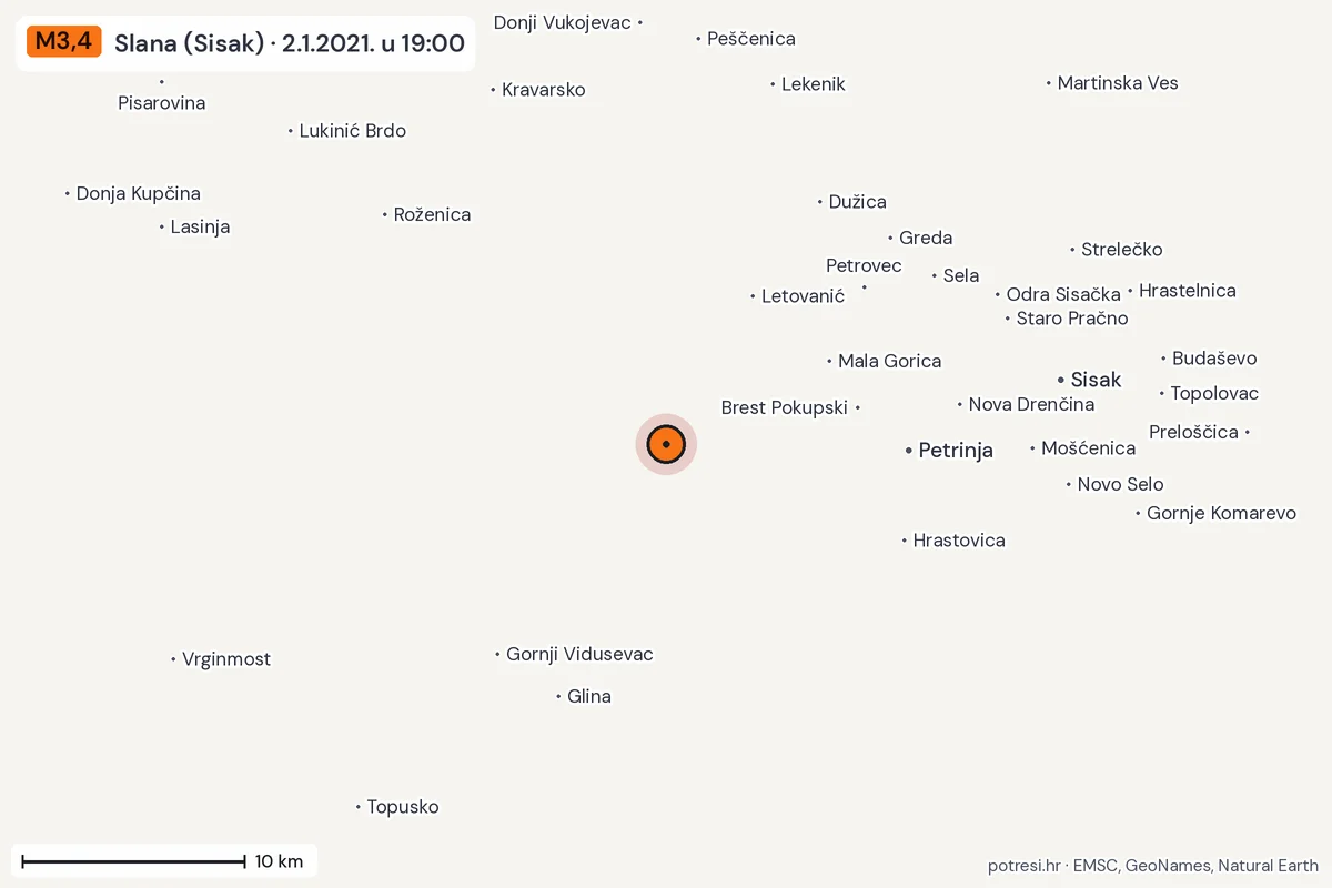 Karta: okolica epicentra, 60 km, potres M3,4, Slana (Sisak), 2.1.2021.