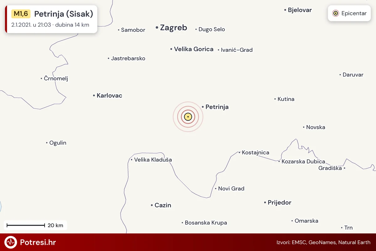 Karta: šire područje i vjerojatni doseg osjeta, potres M1,6, Petrinja (Sisak), 2.1.2021.