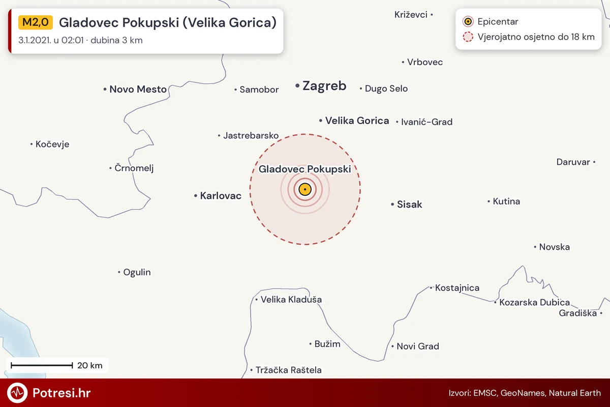 Karta: šire područje i vjerojatni doseg osjeta, potres M2,0, Gladovec Pokupski (Velika Gorica), 3.1.2021.