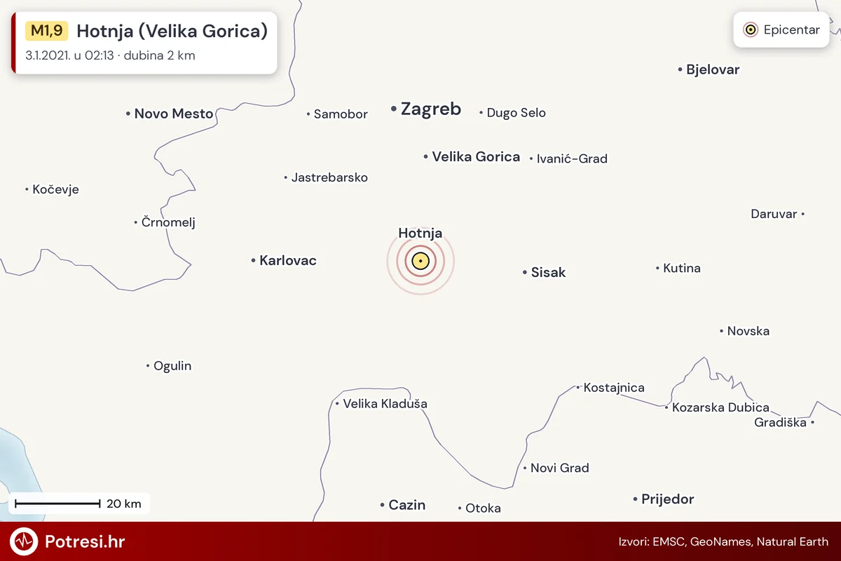 Karta: šire područje i vjerojatni doseg osjeta, potres M1,9, Hotnja (Velika Gorica), 3.1.2021.