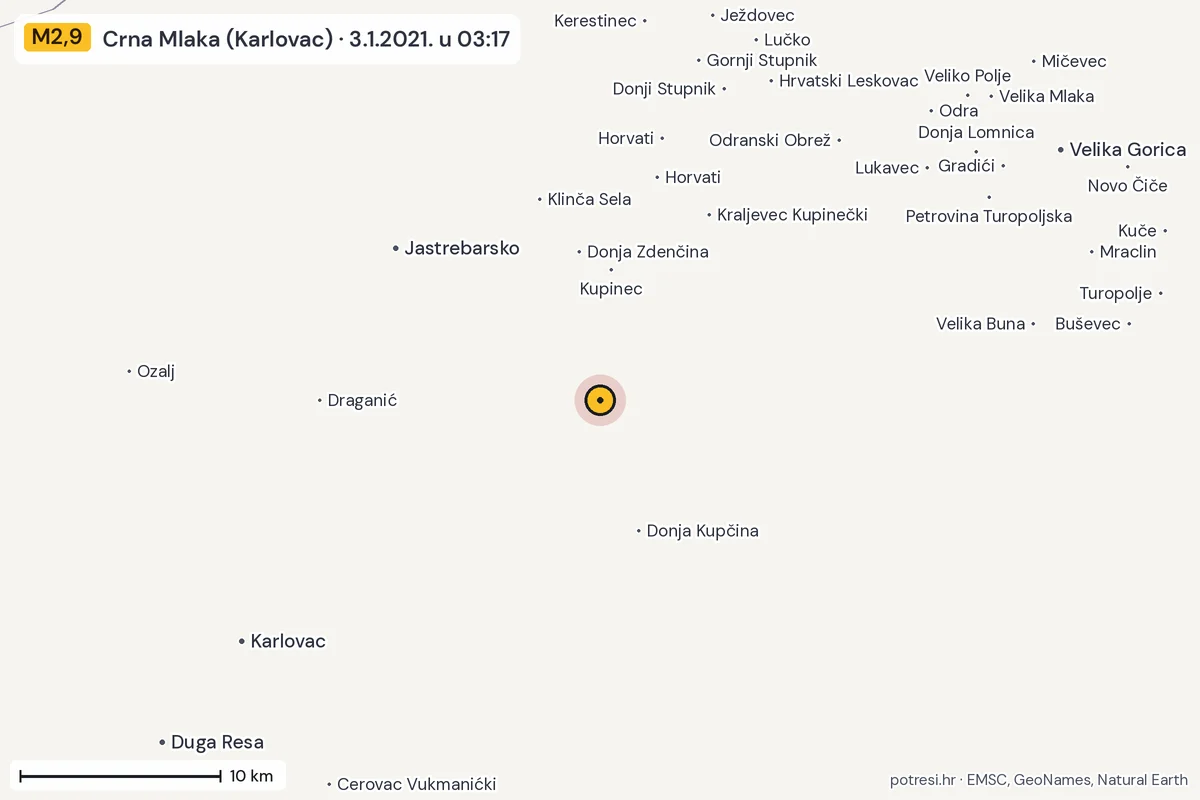 Karta: okolica epicentra, 60 km, potres M2,9, Crna Mlaka (Karlovac), 3.1.2021.