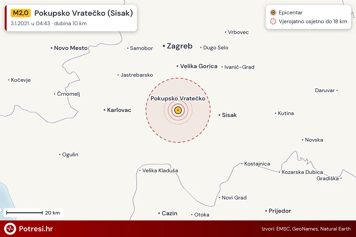 Karta: šire područje i vjerojatni doseg osjeta, potres M2,0, Pokupsko Vratečko (Sisak), 3.1.2021.