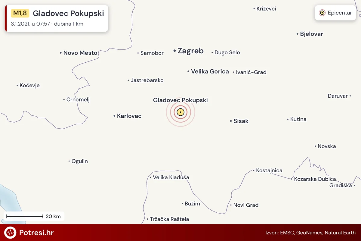 Karta: šire područje i vjerojatni doseg osjeta, potres M1,8, Gladovec Pokupski, 3.1.2021.