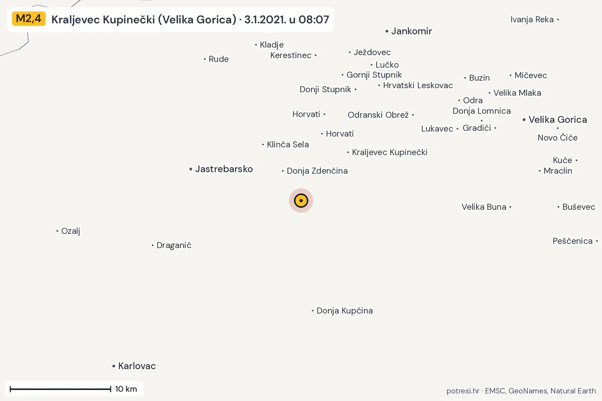 Karta: okolica epicentra, 60 km, potres M2,4, Kraljevec Kupinečki (Velika Gorica), 3.1.2021.