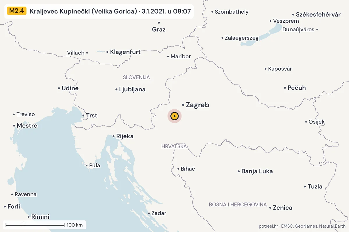 Karta: šire područje, 600 km, potres M2,4, Kraljevec Kupinečki (Velika Gorica), 3.1.2021.