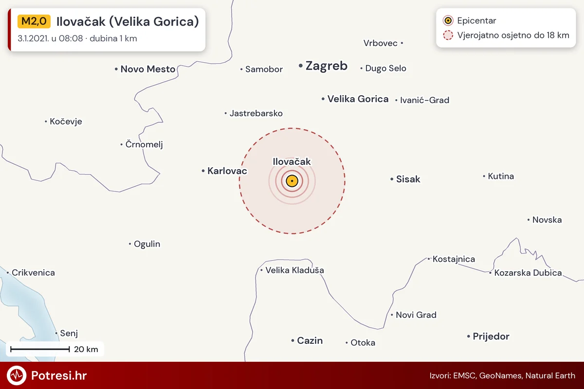 Karta: šire područje i vjerojatni doseg osjeta, potres M2,0, Ilovačak (Velika Gorica), 3.1.2021.