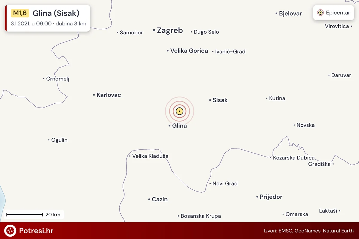Karta: šire područje i vjerojatni doseg osjeta, potres M1,6, Glina (Sisak), 3.1.2021.