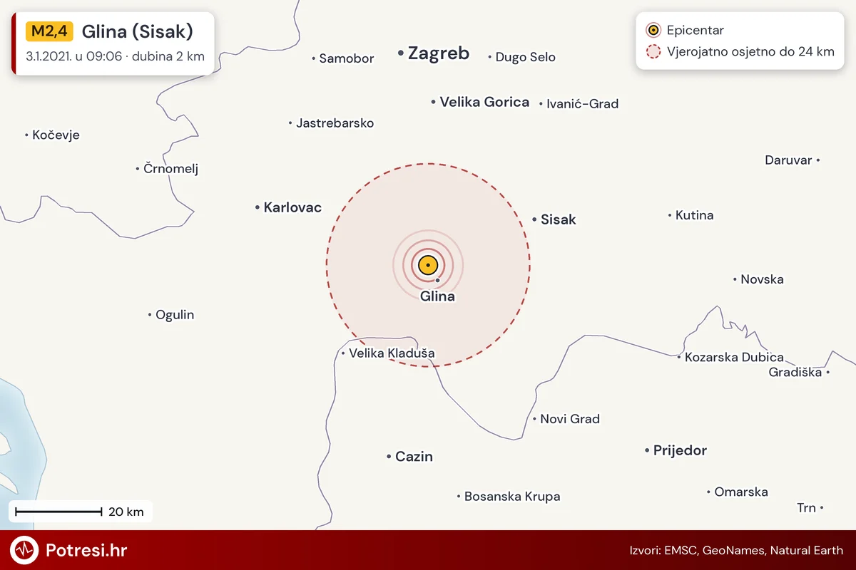 Karta: šire područje i vjerojatni doseg osjeta, potres M2,4, Glina (Sisak), 3.1.2021.