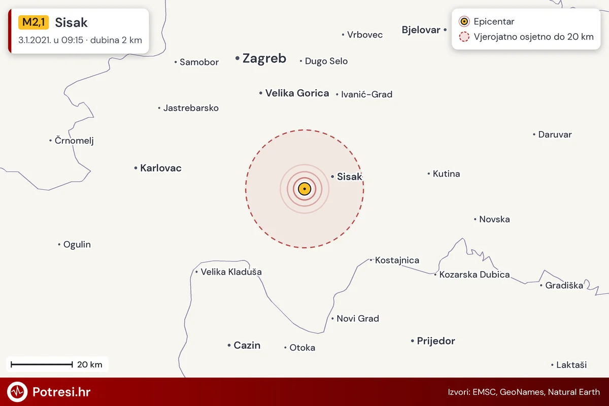 Karta: šire područje i vjerojatni doseg osjeta, potres M2,1, Sisak, 3.1.2021.