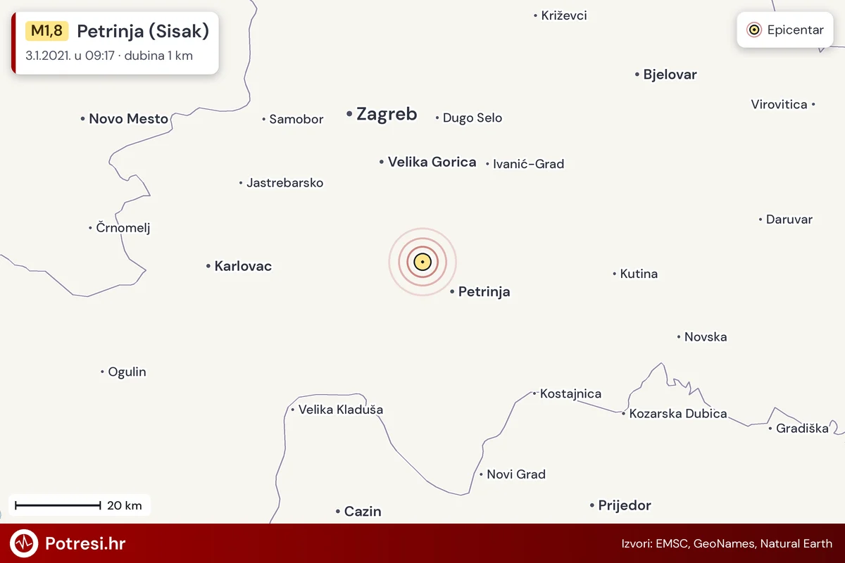 Karta: šire područje i vjerojatni doseg osjeta, potres M1,8, Petrinja (Sisak), 3.1.2021.