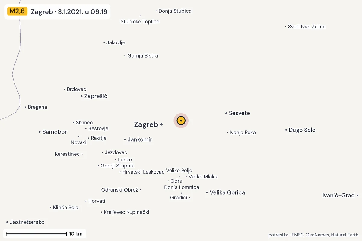 Karta: okolica epicentra, 60 km, potres M2,6, Zagreb, 3.1.2021.