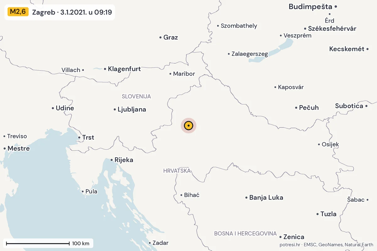 Karta: šire područje, 600 km, potres M2,6, Zagreb, 3.1.2021.