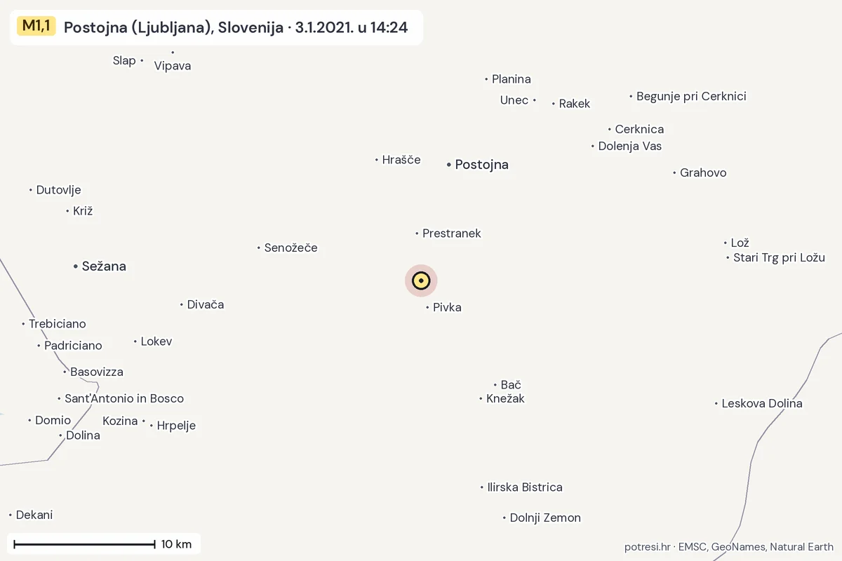 Karta: okolica epicentra, 60 km, potres M1,1, Postojna (Ljubljana), Slovenija, 3.1.2021.