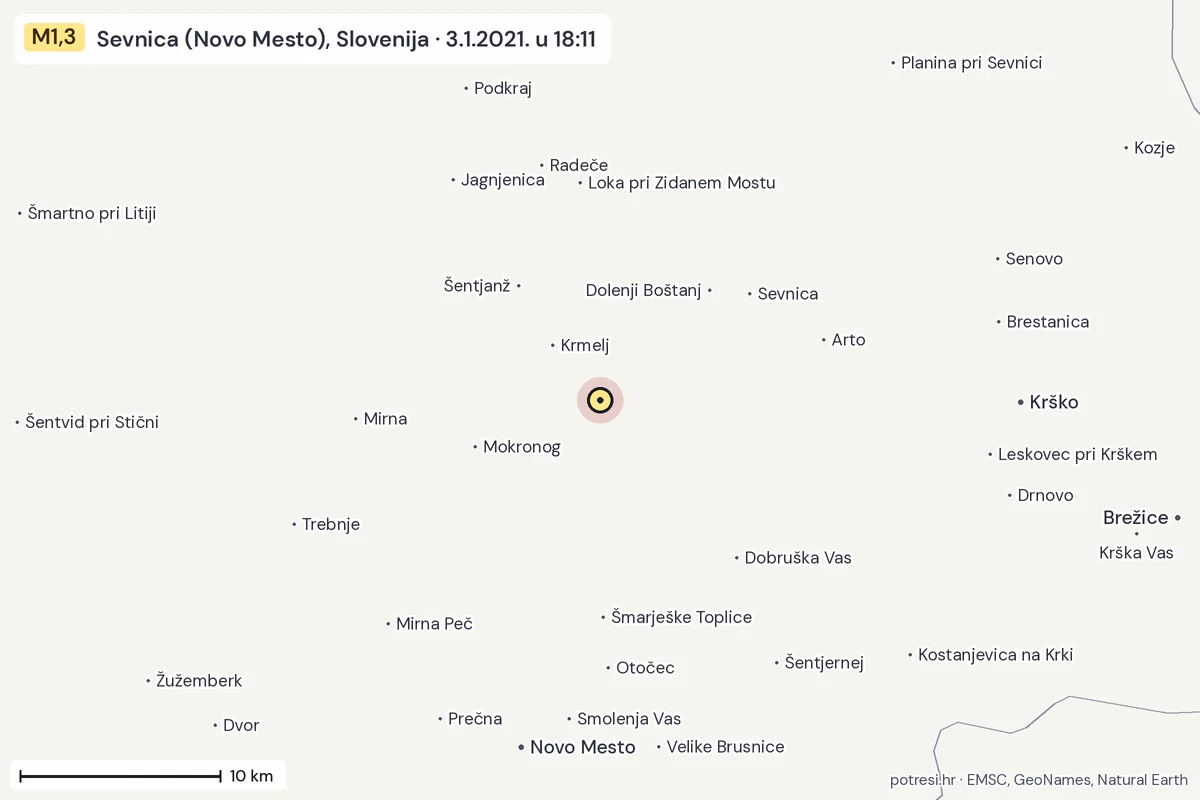Karta: okolica epicentra, 60 km, potres M1,3, Sevnica (Novo Mesto), Slovenija, 3.1.2021.