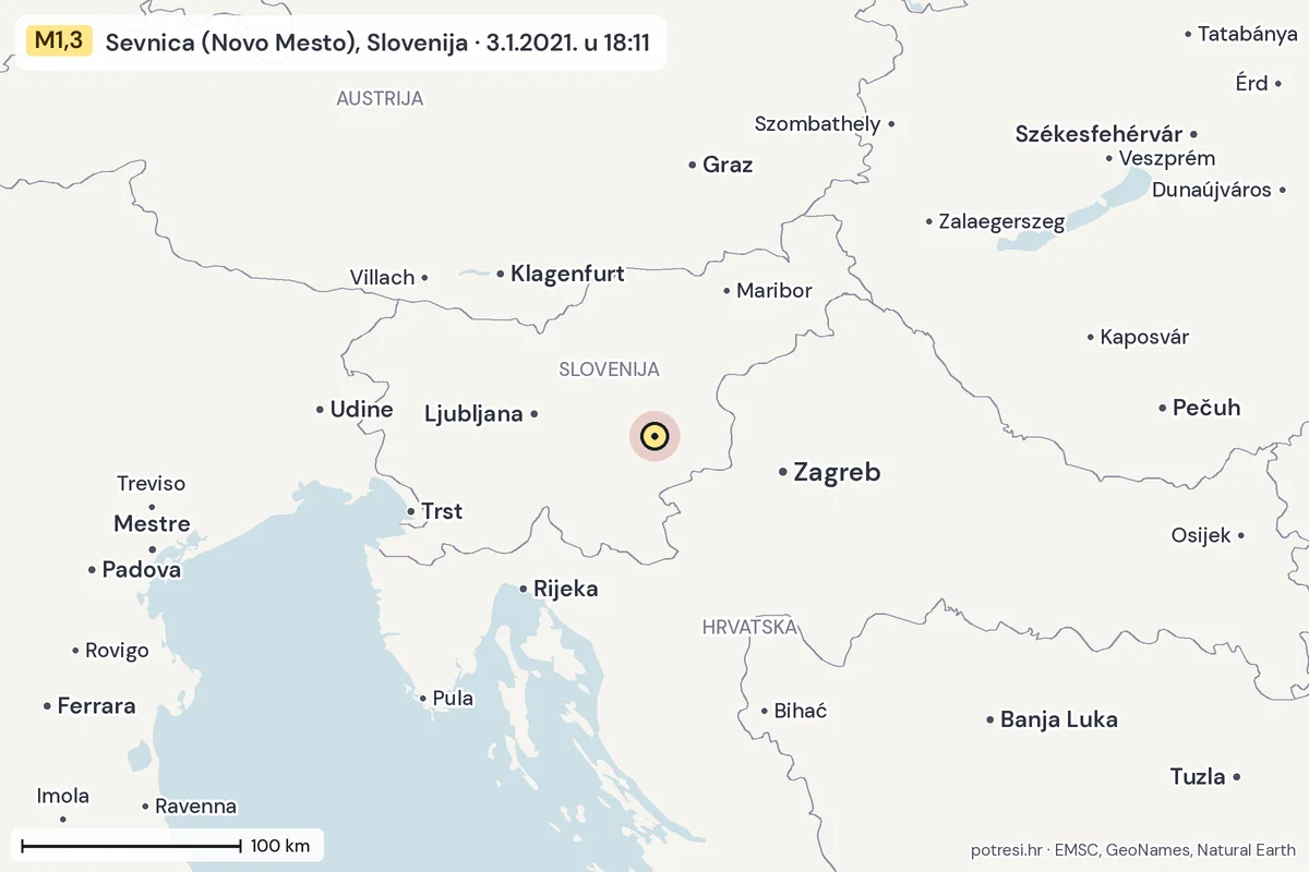 Karta: šire područje, 600 km, potres M1,3, Sevnica (Novo Mesto), Slovenija, 3.1.2021.