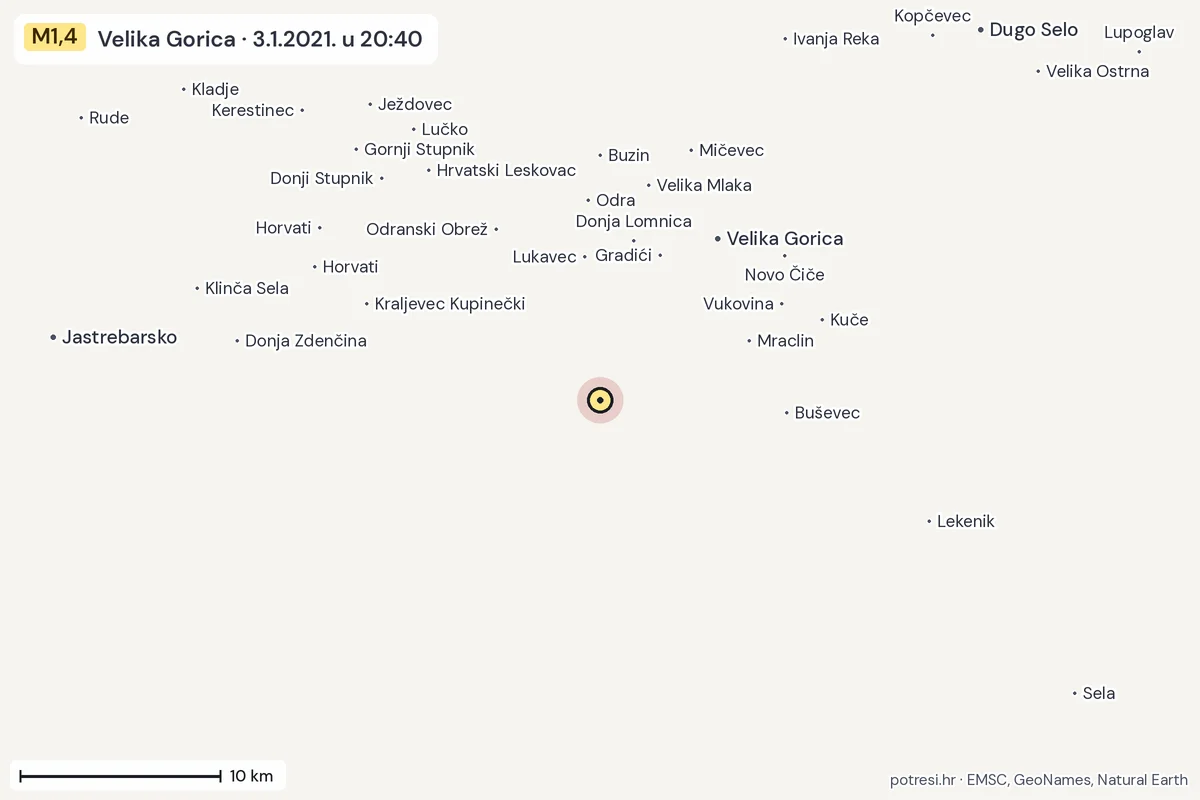 Karta: okolica epicentra, 60 km, potres M1,4, Velika Gorica, 3.1.2021.