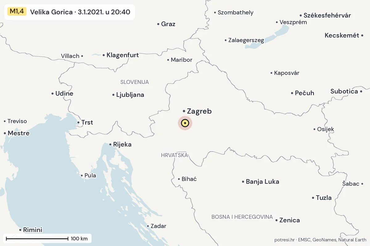 Karta: šire područje, 600 km, potres M1,4, Velika Gorica, 3.1.2021.