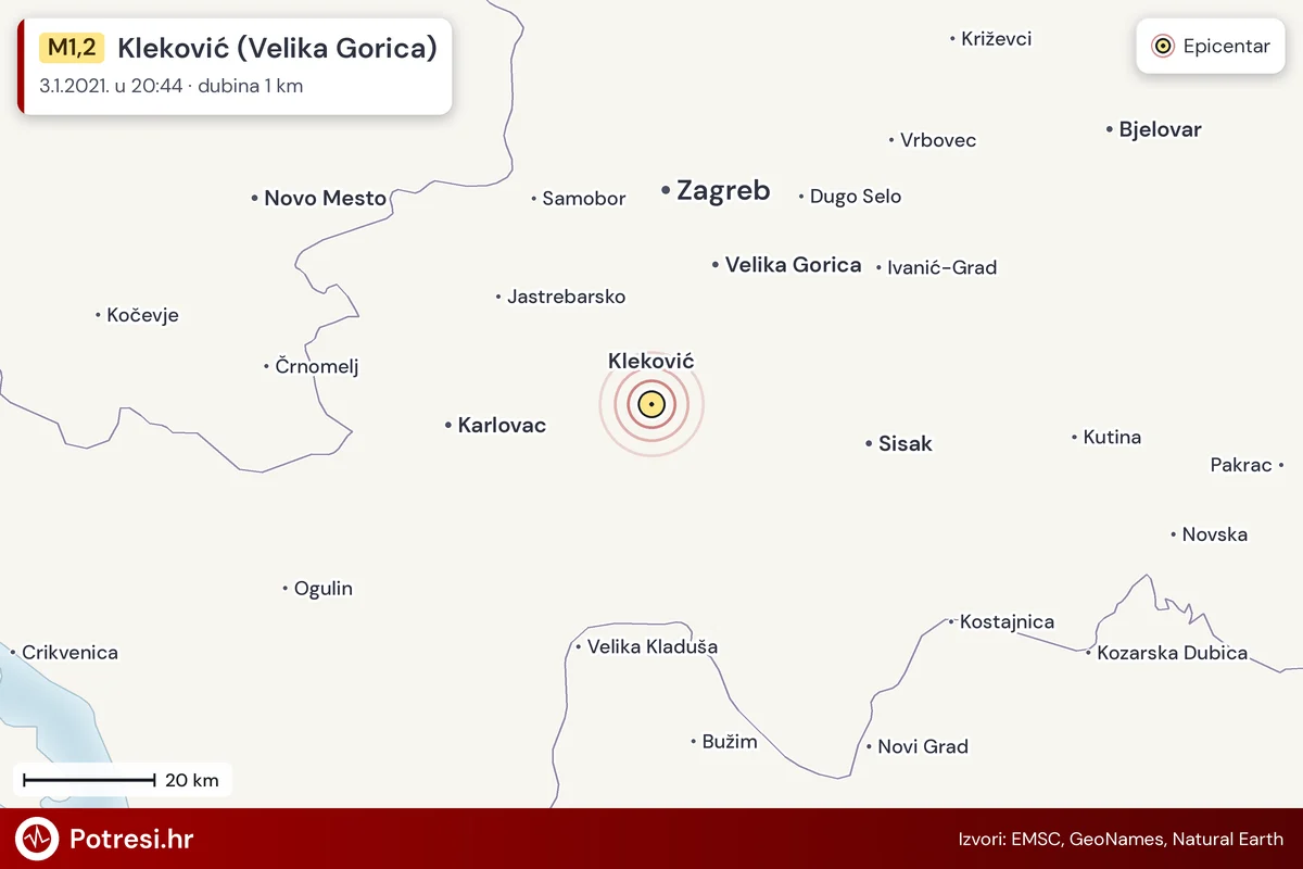 Karta: šire područje i vjerojatni doseg osjeta, potres M1,2, Kleković (Velika Gorica), 3.1.2021.