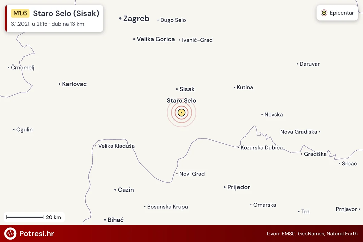 Karta: šire područje i vjerojatni doseg osjeta, potres M1,6, Staro Selo (Sisak), 3.1.2021.