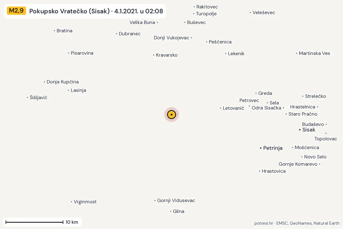 Karta: okolica epicentra, 60 km, potres M2,9, Pokupsko Vratečko (Sisak), 4.1.2021.