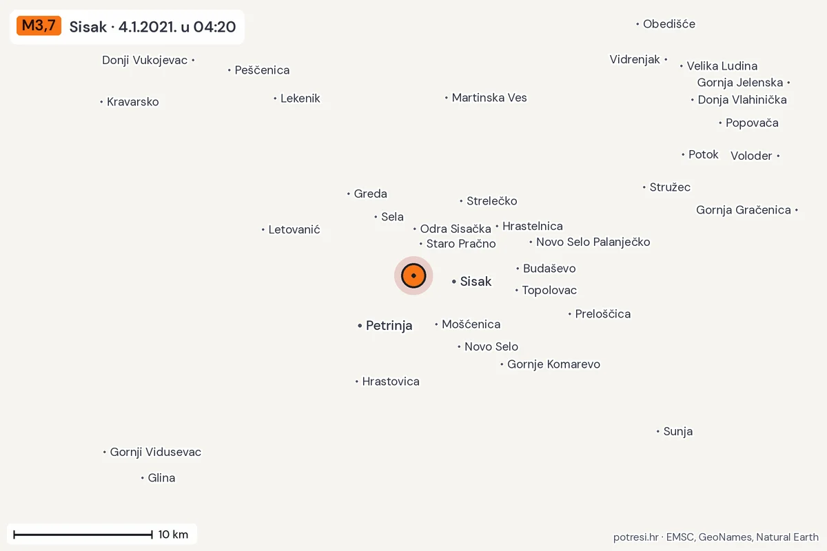 Karta: okolica epicentra, 60 km, potres M3,7, Sisak, 4.1.2021.
