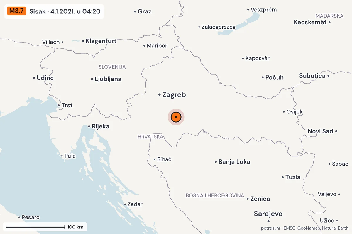 Karta: šire područje, 600 km, potres M3,7, Sisak, 4.1.2021.