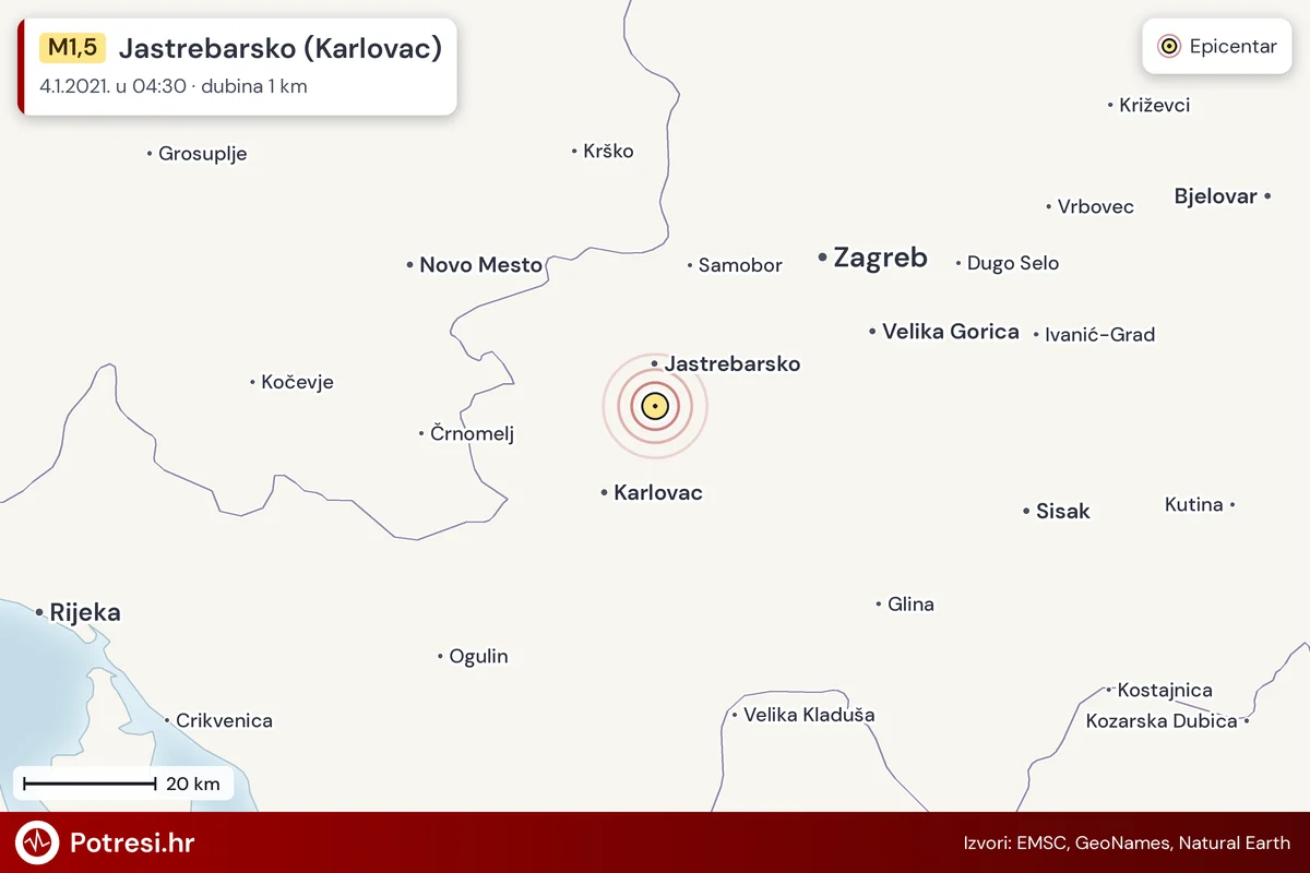 Karta: šire područje i vjerojatni doseg osjeta, potres M1,5, Jastrebarsko (Karlovac), 4.1.2021.