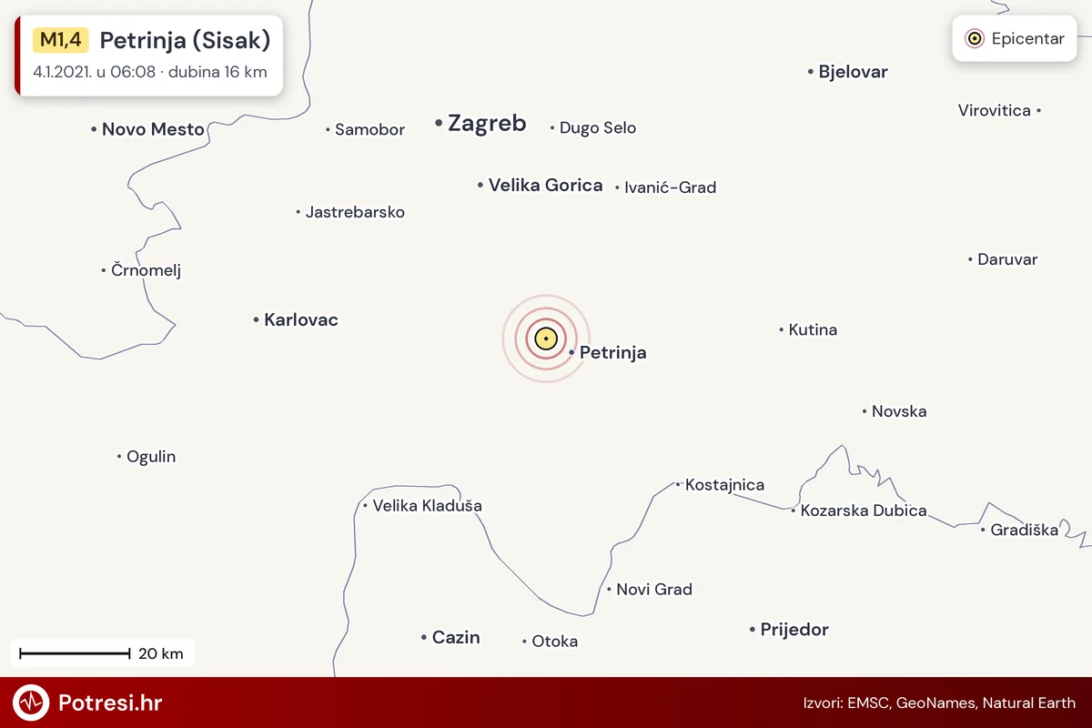 Karta: šire područje i vjerojatni doseg osjeta, potres M1,4, Petrinja (Sisak), 4.1.2021.