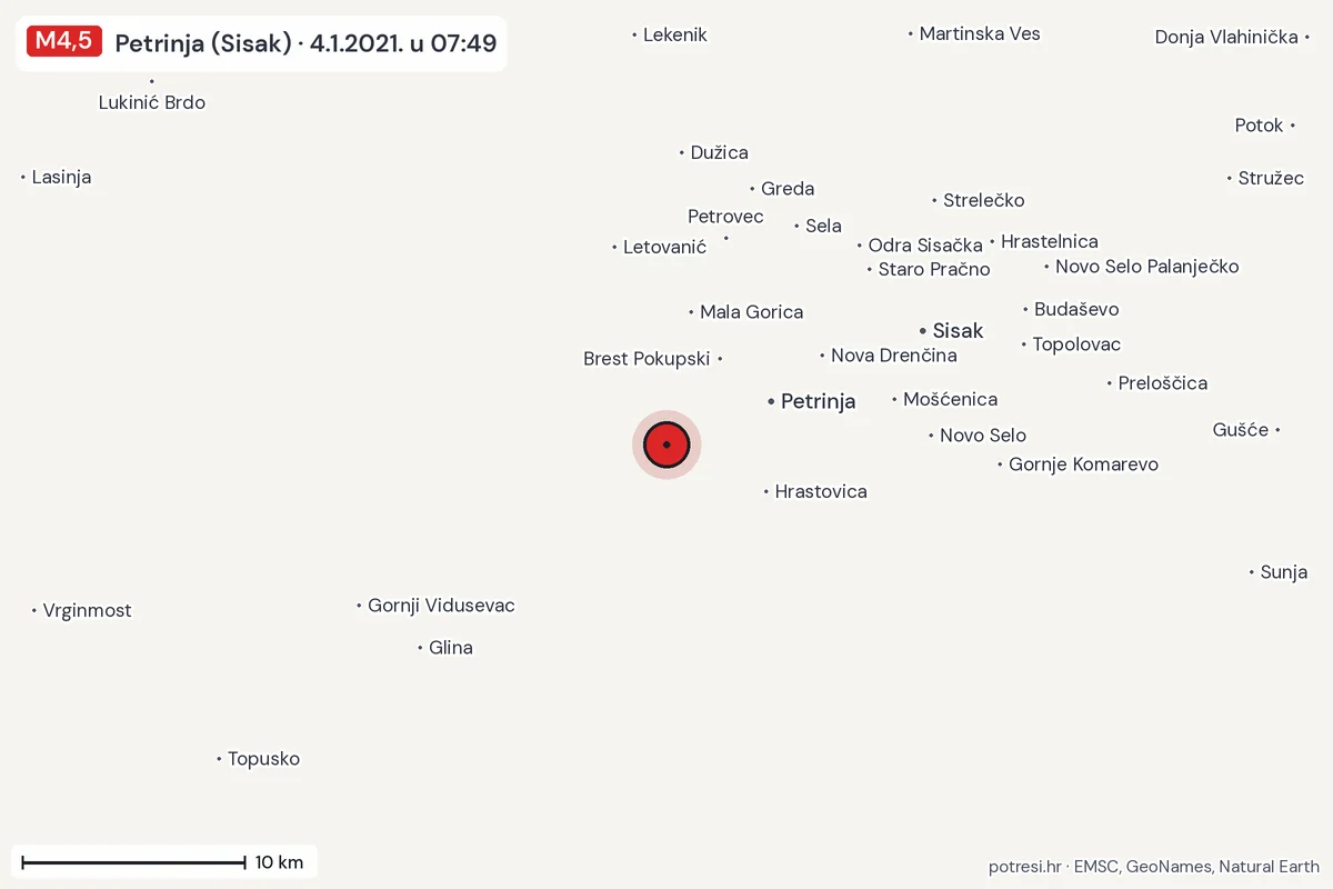 Karta: okolica epicentra, 60 km, potres M4,5, Petrinja (Sisak), 4.1.2021.