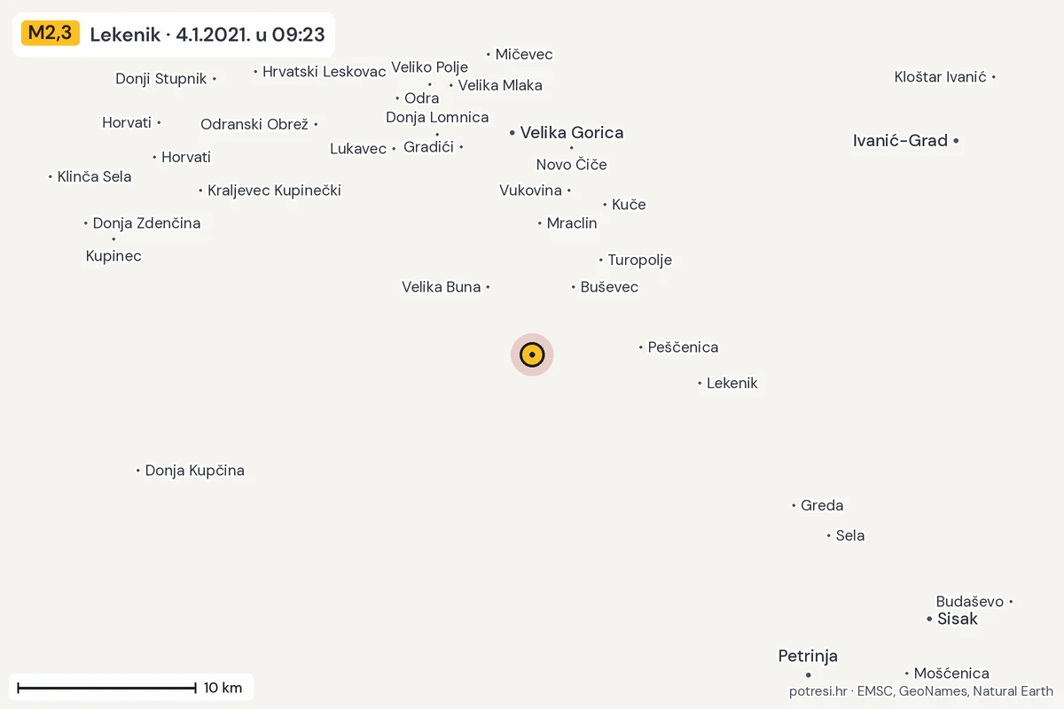 Karta: okolica epicentra, 60 km, potres M2,3, Lekenik, 4.1.2021.
