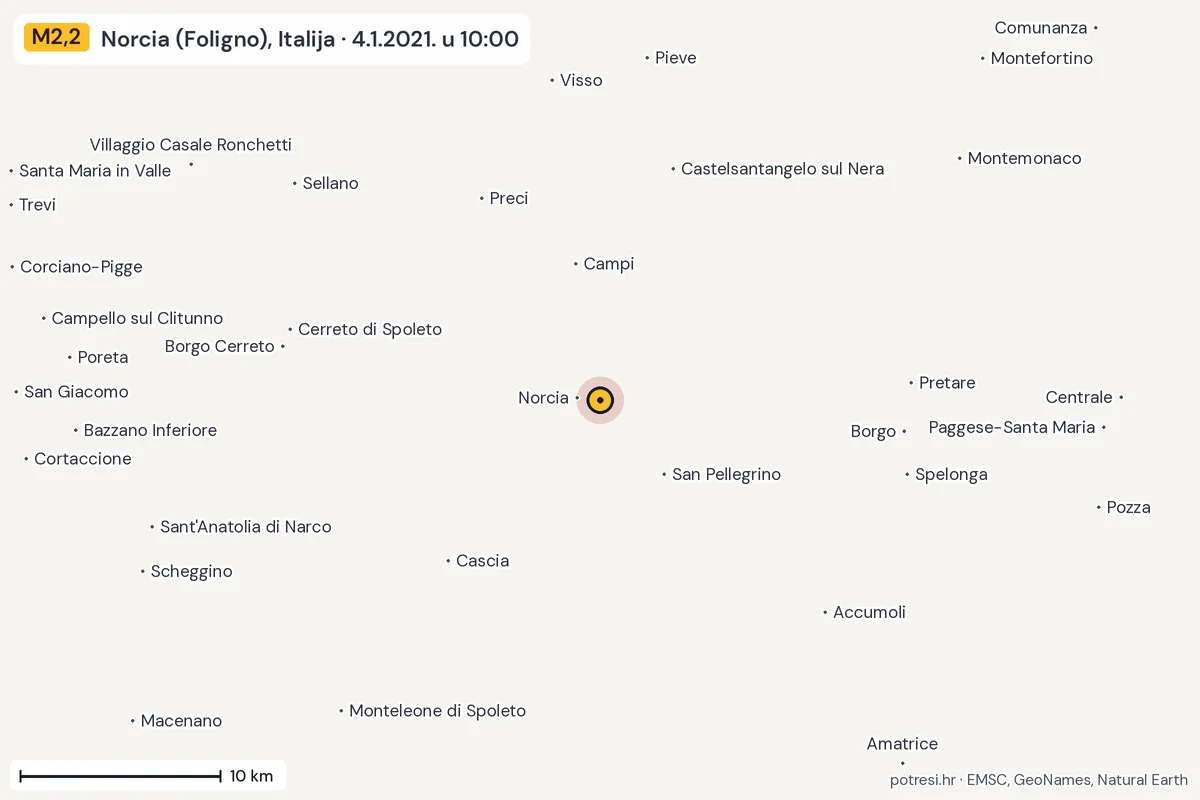 Karta: okolica epicentra, 60 km, potres M2,2, Norcia (Foligno), Italija, 4.1.2021.
