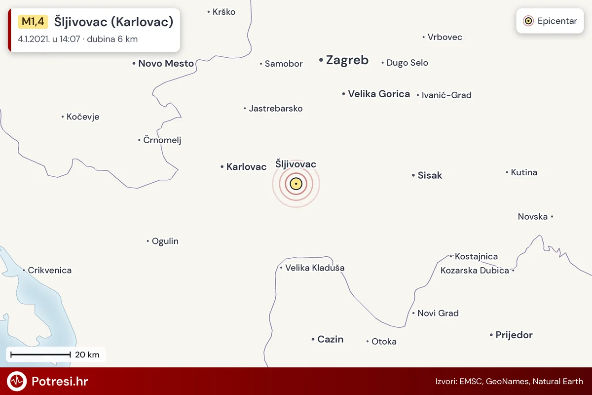 Karta: šire područje i vjerojatni doseg osjeta, potres M1,4, Šljivovac (Karlovac), 4.1.2021.