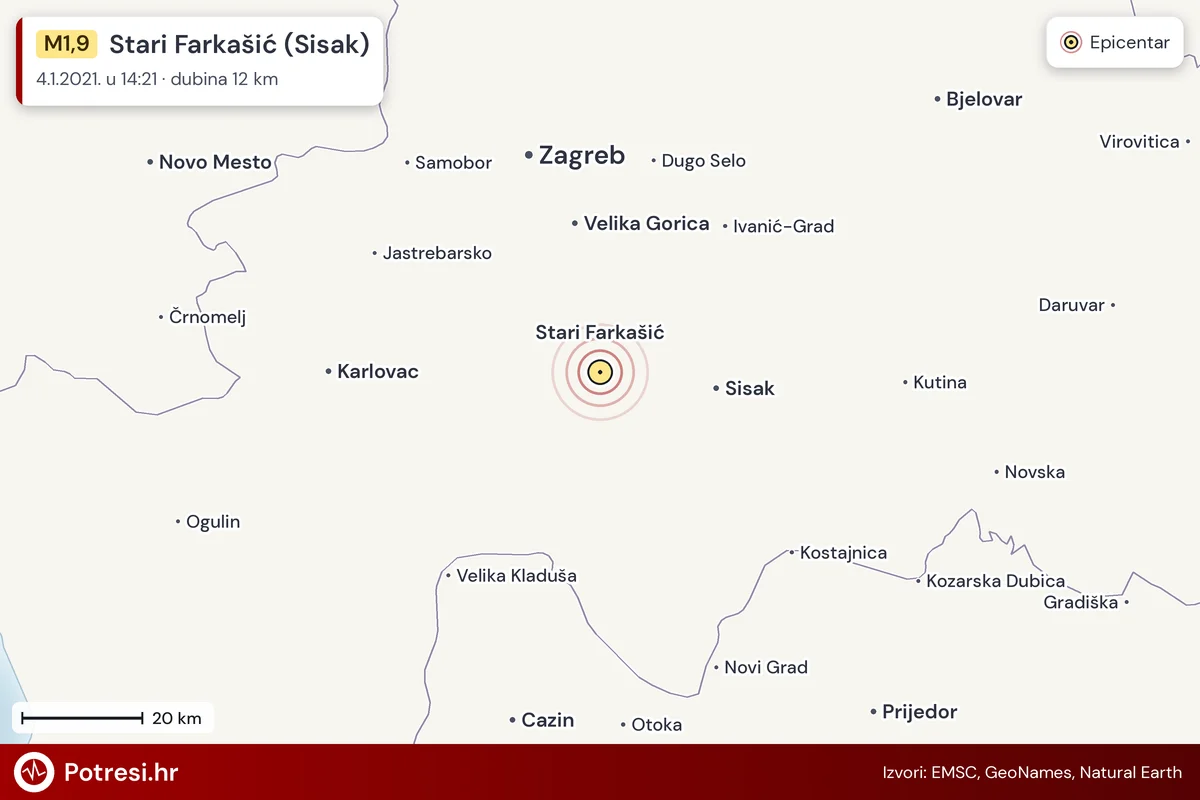 Karta: šire područje i vjerojatni doseg osjeta, potres M1,9, Stari Farkašić (Sisak), 4.1.2021.