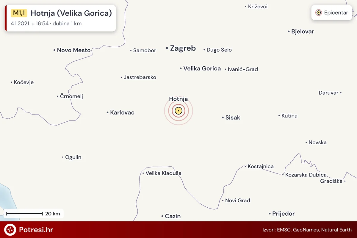 Karta: šire područje i vjerojatni doseg osjeta, potres M1,1, Hotnja (Velika Gorica), 4.1.2021.