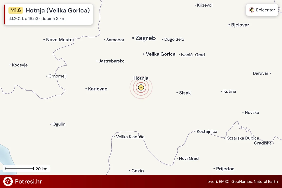 Karta: šire područje i vjerojatni doseg osjeta, potres M1,6, Hotnja (Velika Gorica), 4.1.2021.