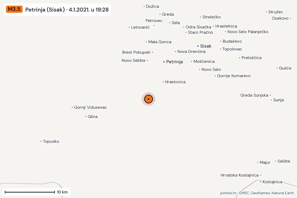 Karta: okolica epicentra, 60 km, potres M3,5, Petrinja (Sisak), 4.1.2021.