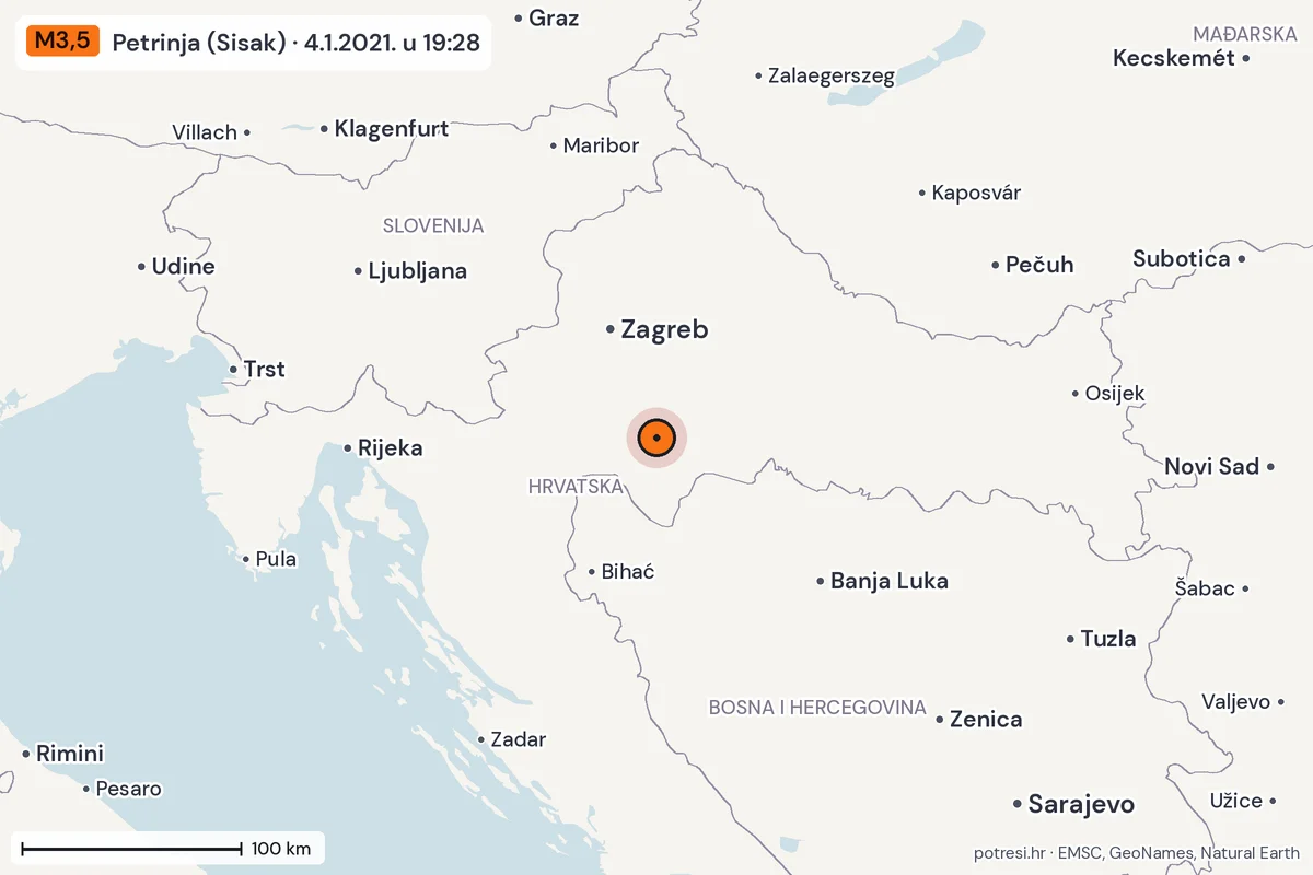 Karta: šire područje, 600 km, potres M3,5, Petrinja (Sisak), 4.1.2021.